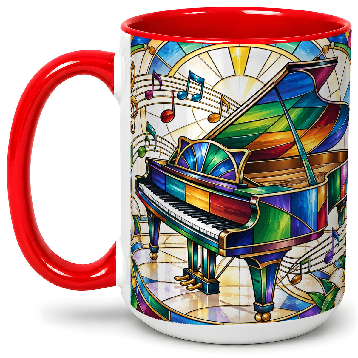 #pl[15oz|Red] Stained Glass Piano Ceramic Mug with Music Notes for Music Lovers