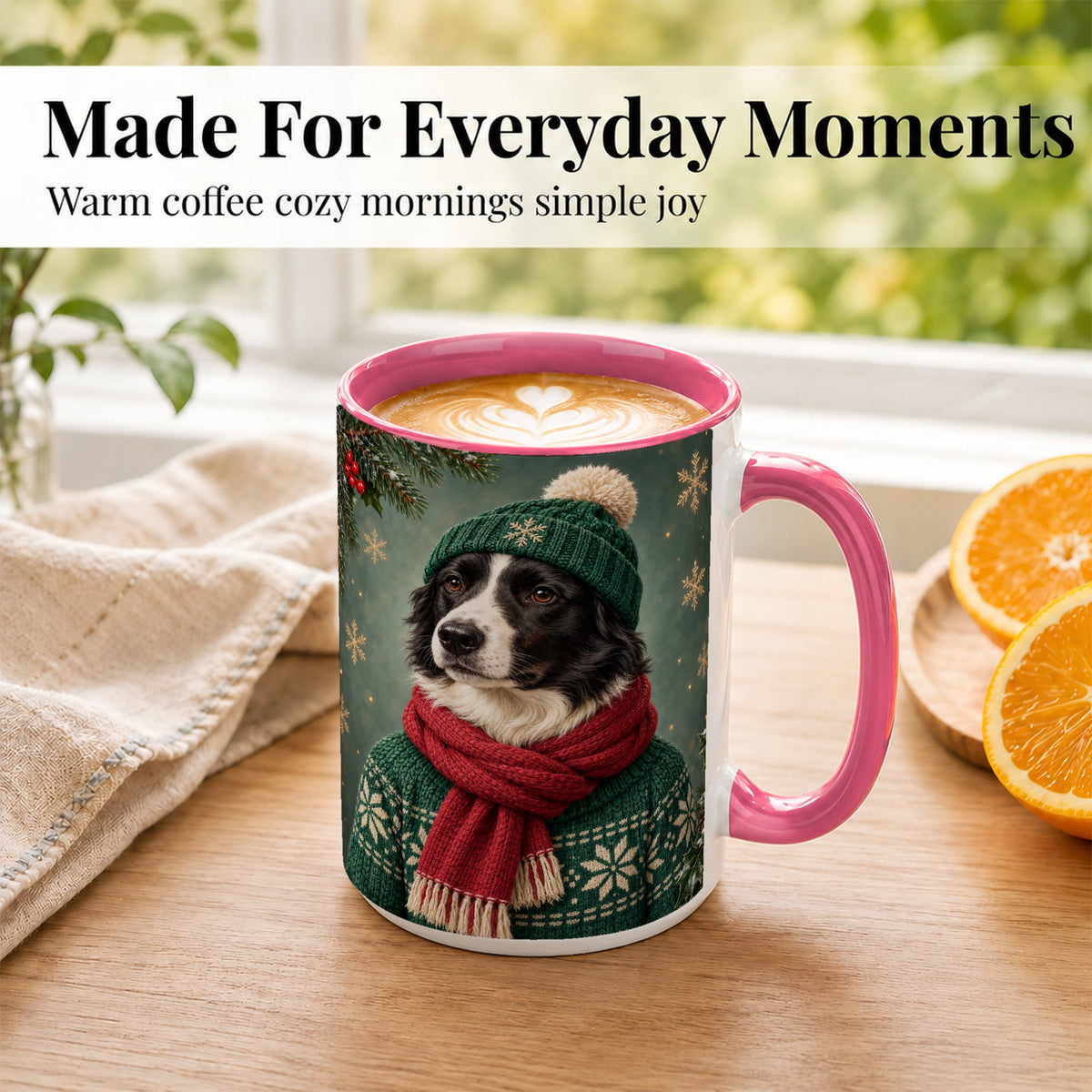 #pl[15oz|Pink] Christmas Border Collie Coffee Mug, Cozy Sweater Dog Mug, Ceramic Cup