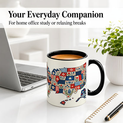 #pl[11oz|Black] Patriotic USA Map Ceramic Mug with Floral Patchwork Artwork