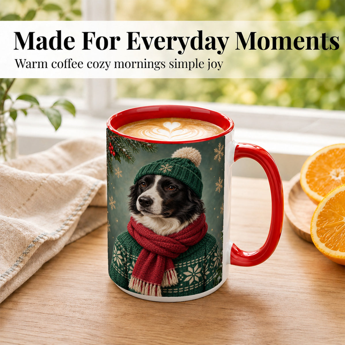 #pl[15oz|Red] Christmas Border Collie Coffee Mug, Cozy Sweater Dog Mug, Ceramic Cup