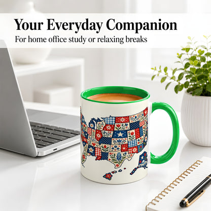 #pl[11oz|Green] Patriotic USA Map Ceramic Mug with Floral Patchwork Artwork