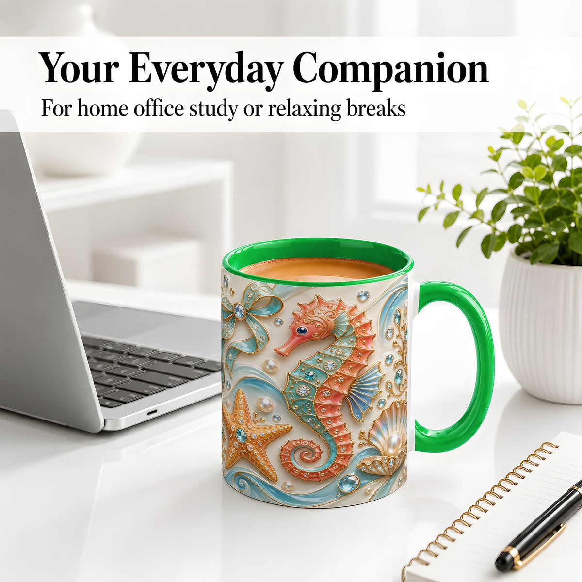#pl[11oz|Green] Ocean Seahorse Ceramic Mug with Starfish and Pearl Artwork