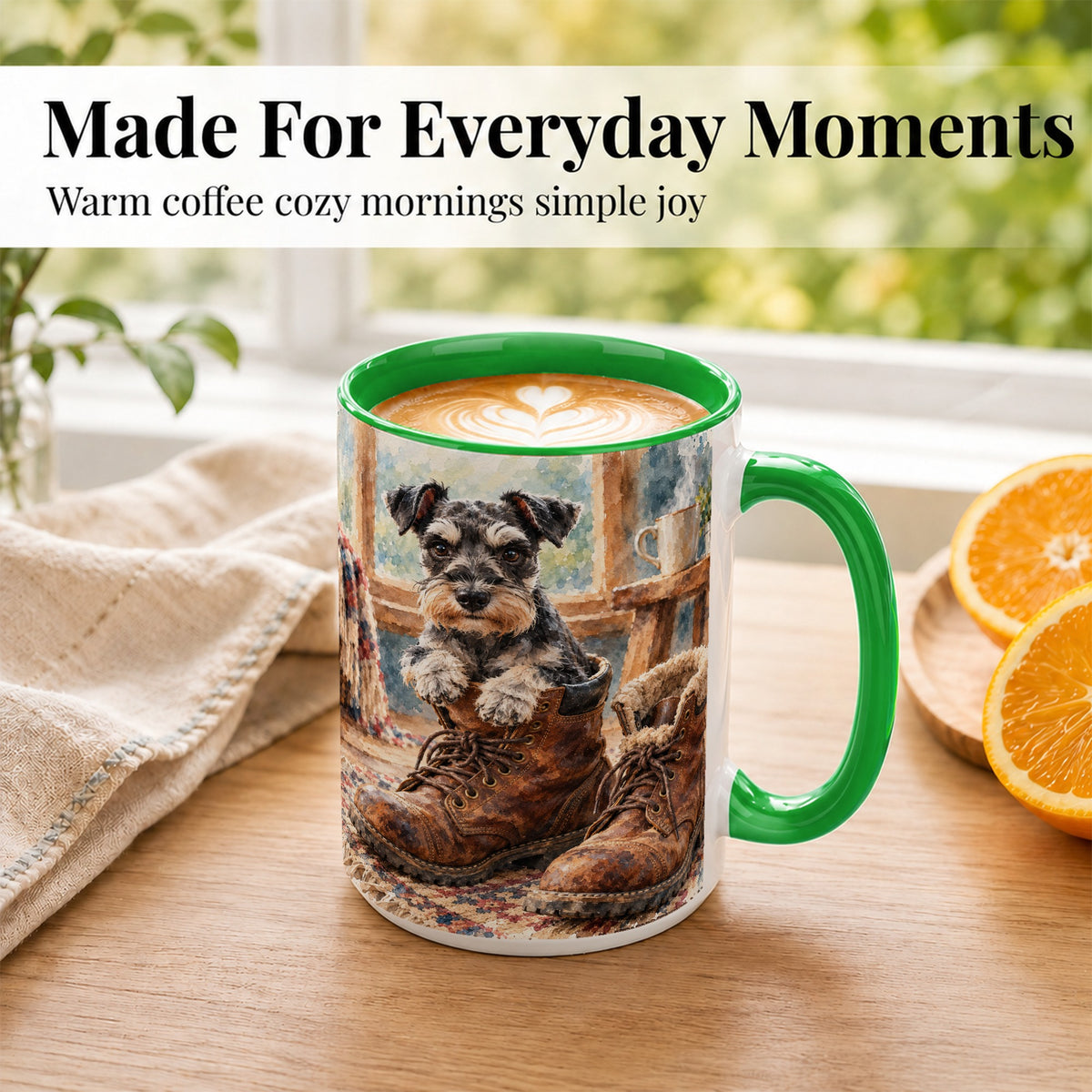 #pl[15oz|Green] Schnauzer Puppy Coffee Mug, Dog in Boots Mug, Ceramic Cup