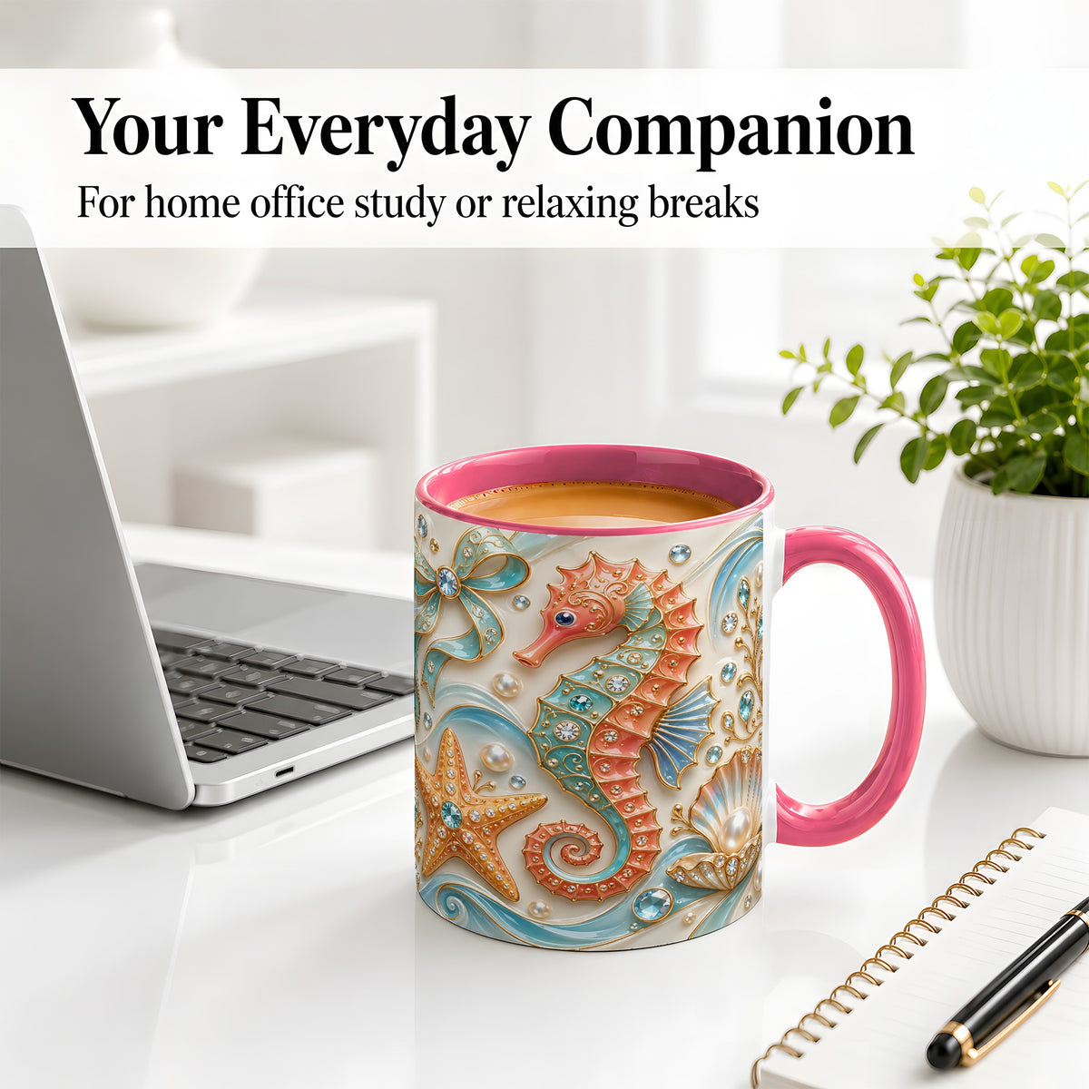 #pl[11oz|Pink] Ocean Seahorse Ceramic Mug with Starfish and Pearl Artwork