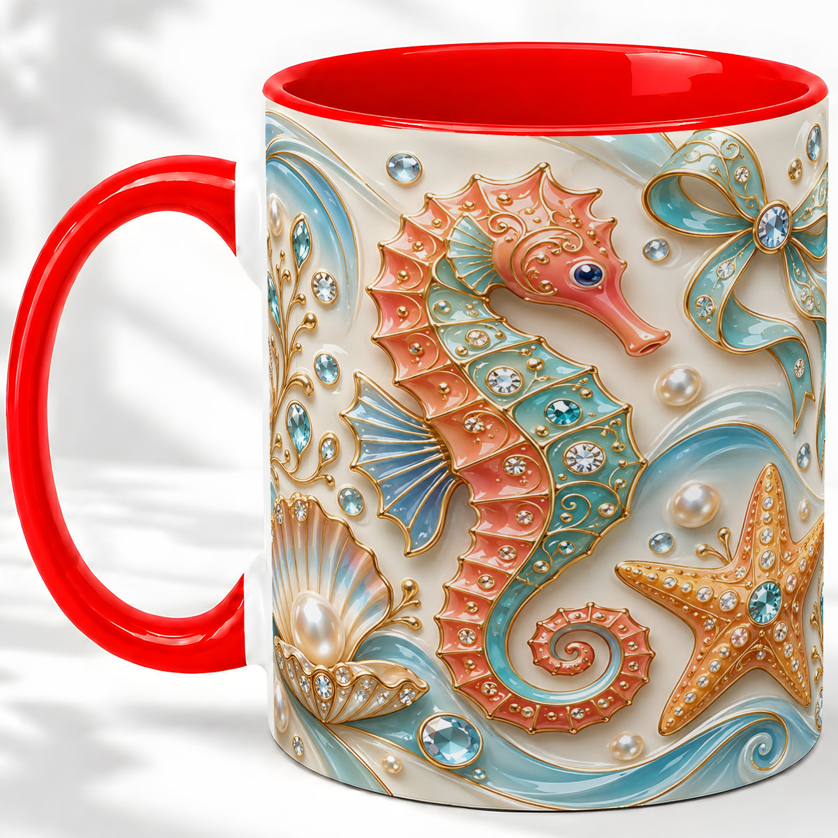Ocean Seahorse Ceramic Mug with Starfish and Pearl Artwork