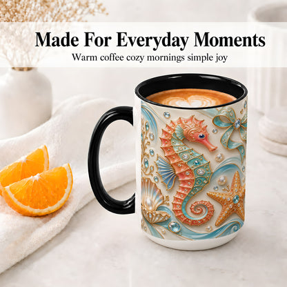 #pl[15oz|Black] Ocean Seahorse Ceramic Mug with Starfish and Pearl Artwork