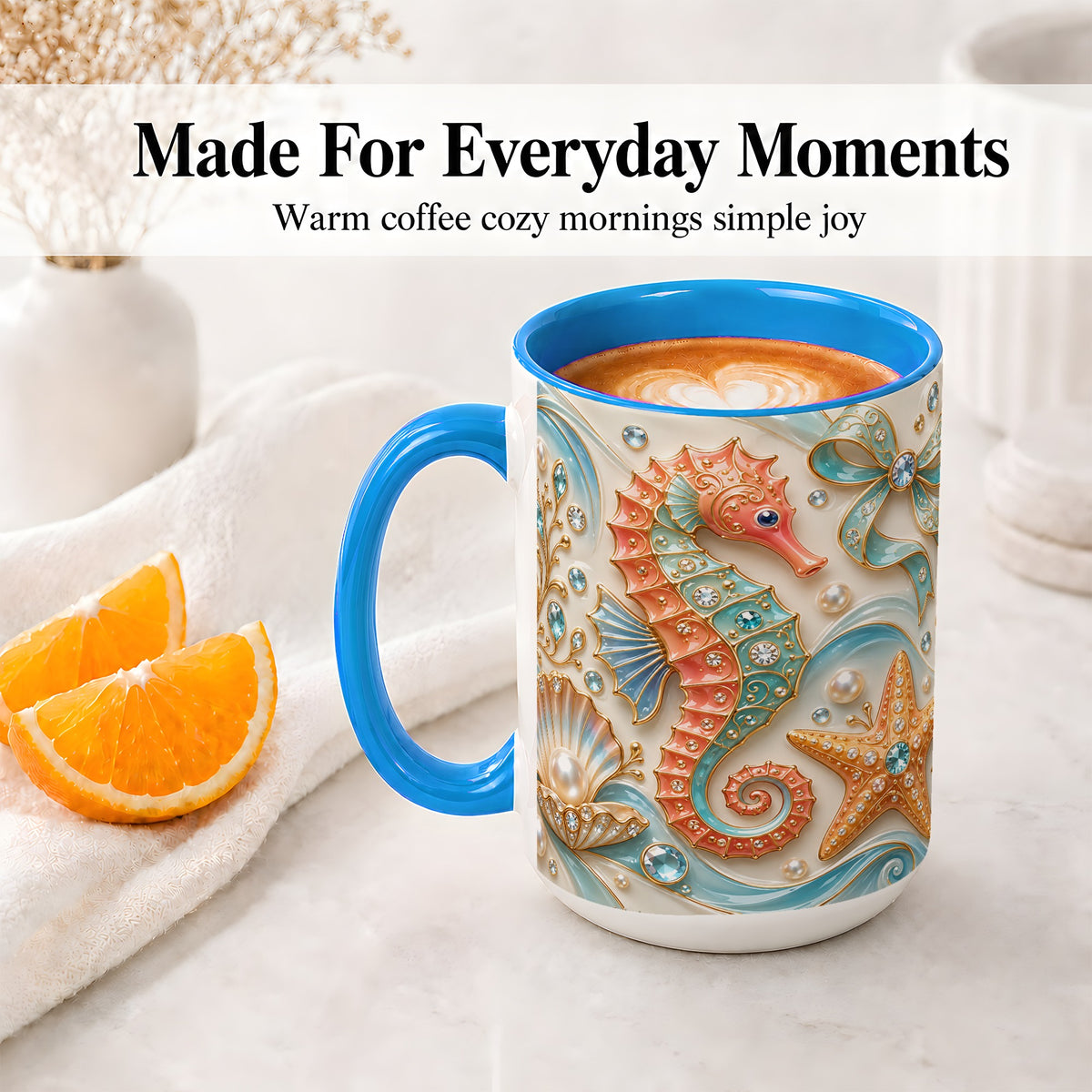 #pl[15oz|Blue] Ocean Seahorse Ceramic Mug with Starfish and Pearl Artwork
