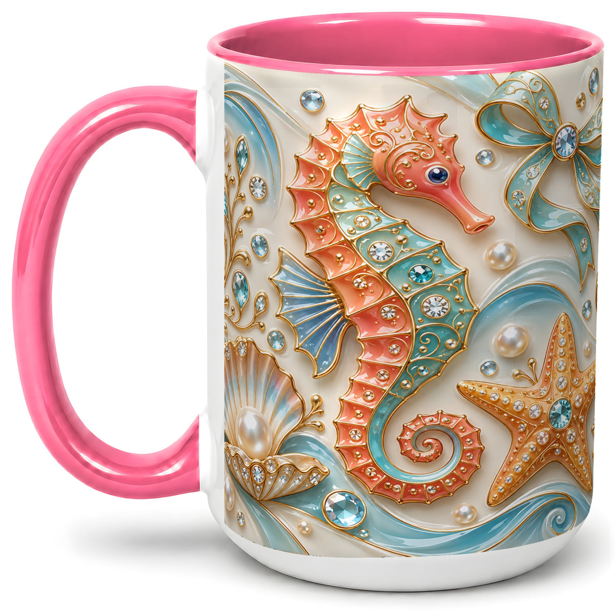#pl[15oz|Pink] Ocean Seahorse Ceramic Mug with Starfish and Pearl Artwork