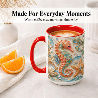 #pl[15oz|Red] Ocean Seahorse Ceramic Mug with Starfish and Pearl Artwork