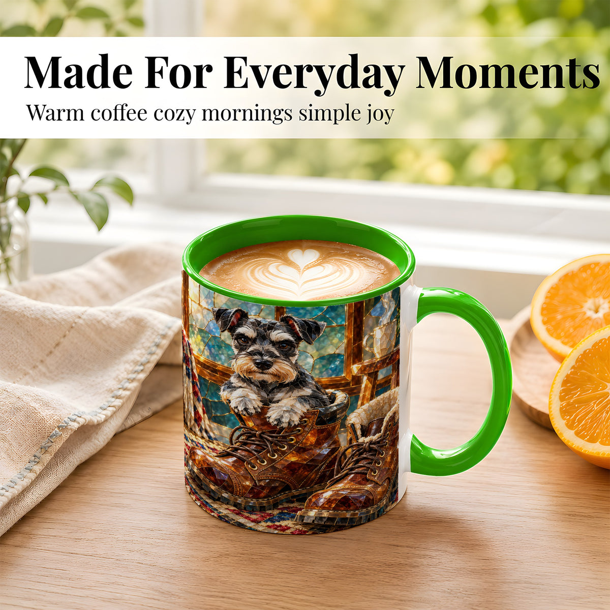 #pl[11oz|Green] Stained Glass Schnauzer Coffee Mug, Dog in Boots Mug, Ceramic Cup