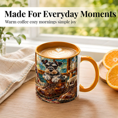 #pl[11oz|Orange] Stained Glass Schnauzer Coffee Mug, Dog in Boots Mug, Ceramic Cup