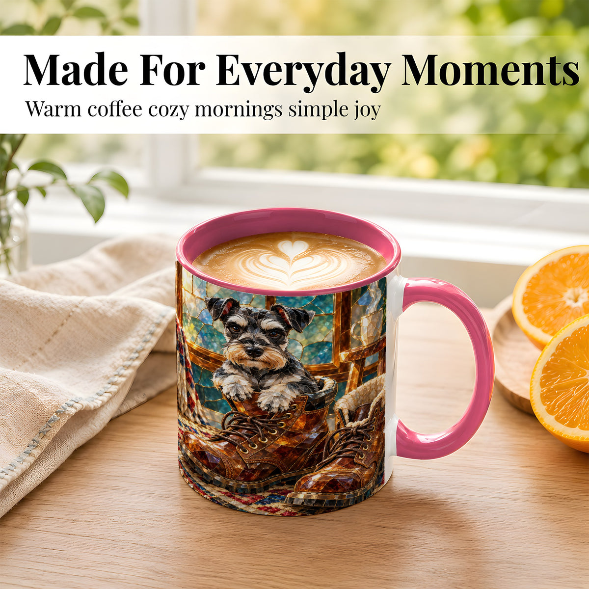 #pl[11oz|Pink] Stained Glass Schnauzer Coffee Mug, Dog in Boots Mug, Ceramic Cup