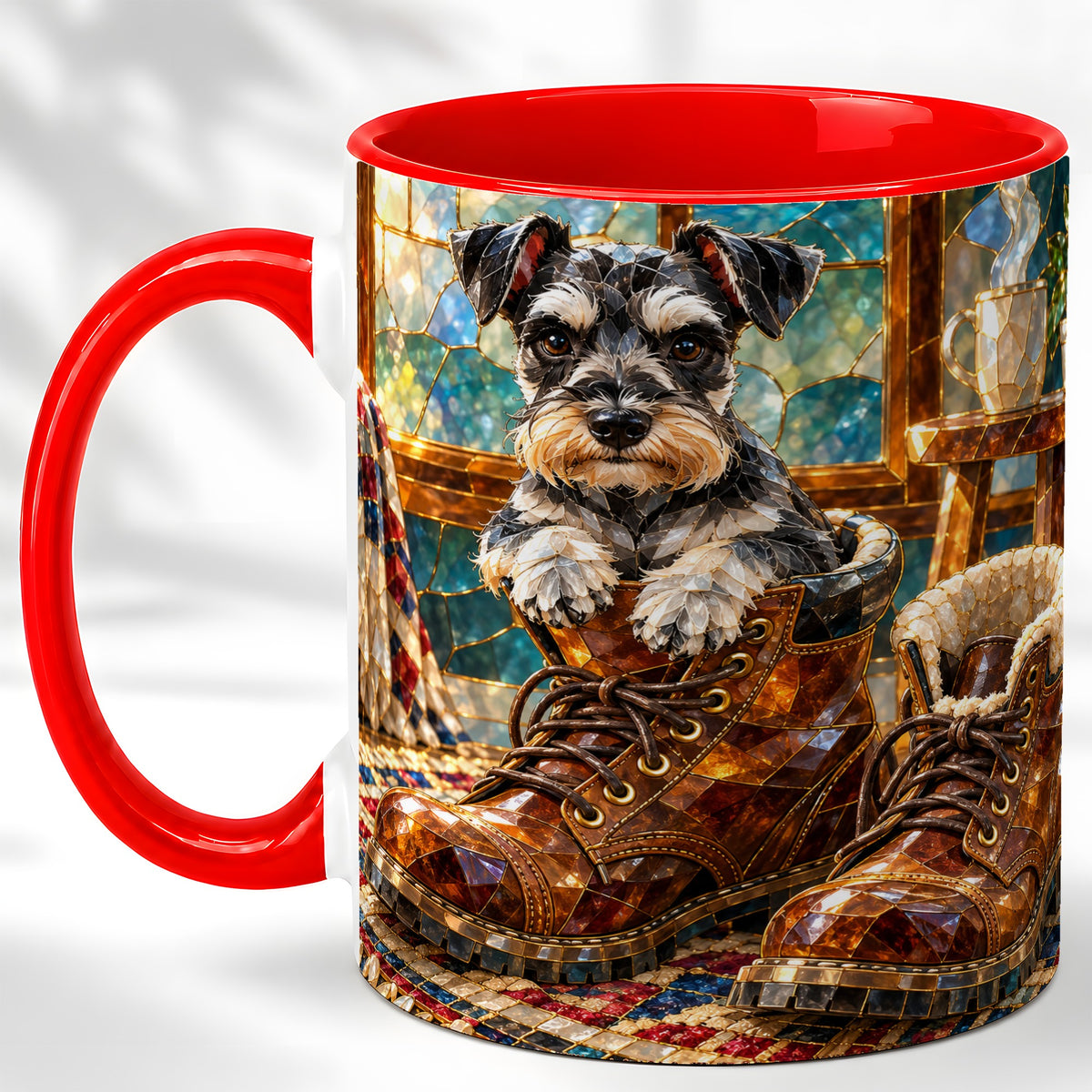 Stained Glass Schnauzer Coffee Mug, Dog in Boots Mug, Ceramic Cup
