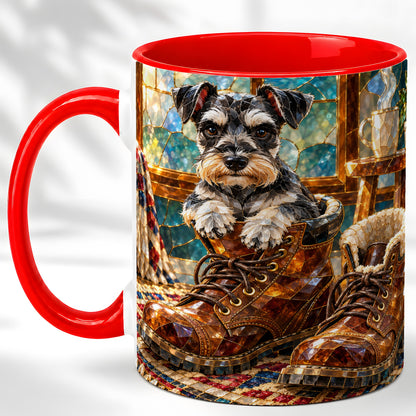 Stained Glass Schnauzer Coffee Mug, Dog in Boots Mug, Ceramic Cup