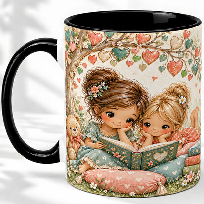 #pl[11oz|Black] Two Girls Reading Ceramic Mug with Book and Floral Artwork