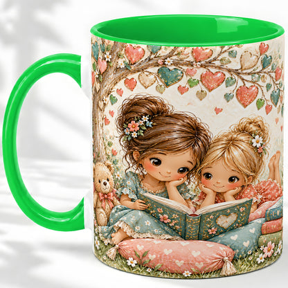 #pl[11oz|Green] Two Girls Reading Ceramic Mug with Book and Floral Artwork
