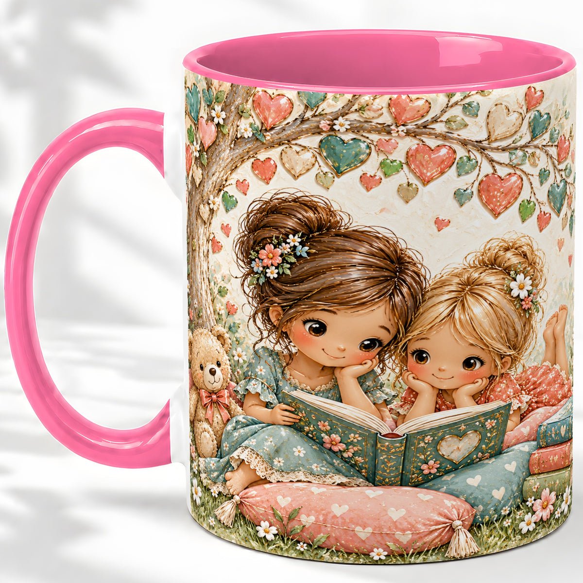 #pl[11oz|Pink] Two Girls Reading Ceramic Mug with Book and Floral Artwork