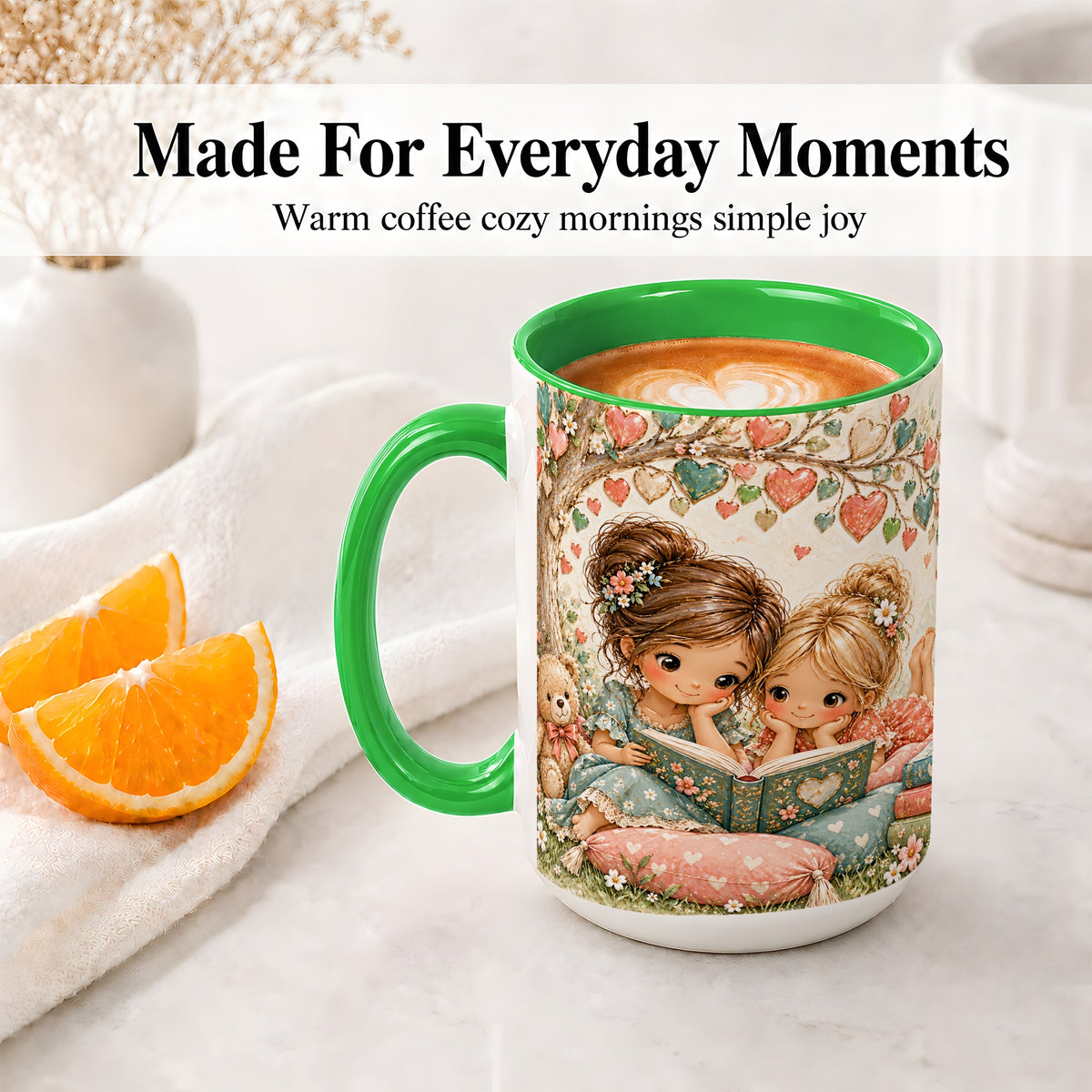 #pl[15oz|Green] Two Girls Reading Ceramic Mug with Book and Floral Artwork