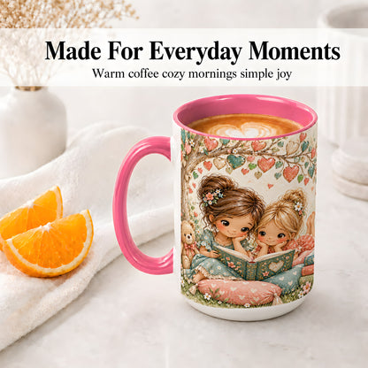 #pl[15oz|Pink] Two Girls Reading Ceramic Mug with Book and Floral Artwork
