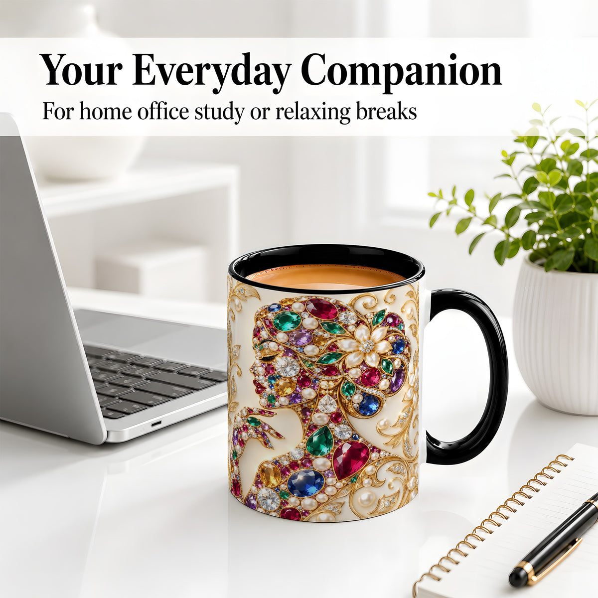 #pl[11oz|Black] Gemstone Woman Profile Ceramic Mug with Floral Pearl Artwork