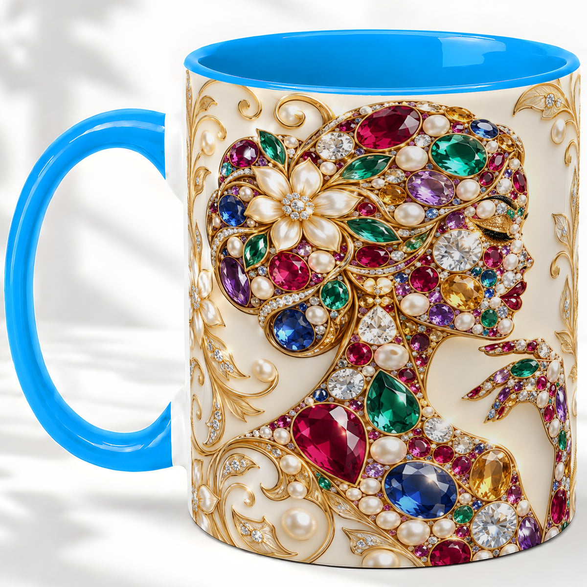 #pl[11oz|Blue] Gemstone Woman Profile Ceramic Mug with Floral Pearl Artwork