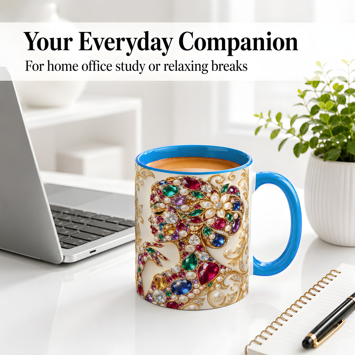 #pl[11oz|Blue] Gemstone Woman Profile Ceramic Mug with Floral Pearl Artwork