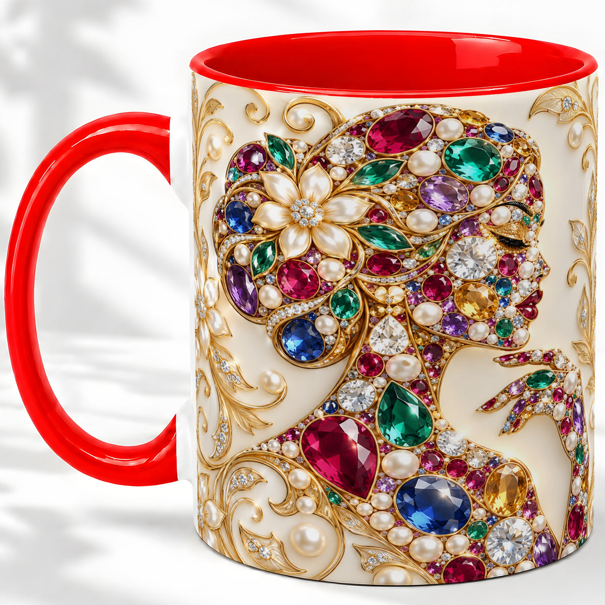 Gemstone Woman Profile Ceramic Mug with Floral Pearl Artwork