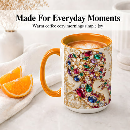#pl[15oz|Orange] Gemstone Woman Profile Ceramic Mug with Floral Pearl Artwork