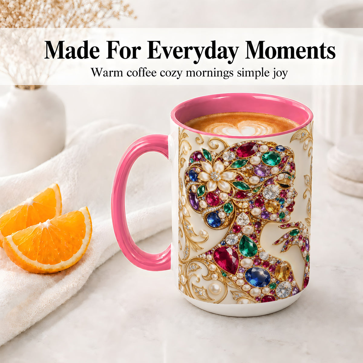 #pl[15oz|Pink] Gemstone Woman Profile Ceramic Mug with Floral Pearl Artwork