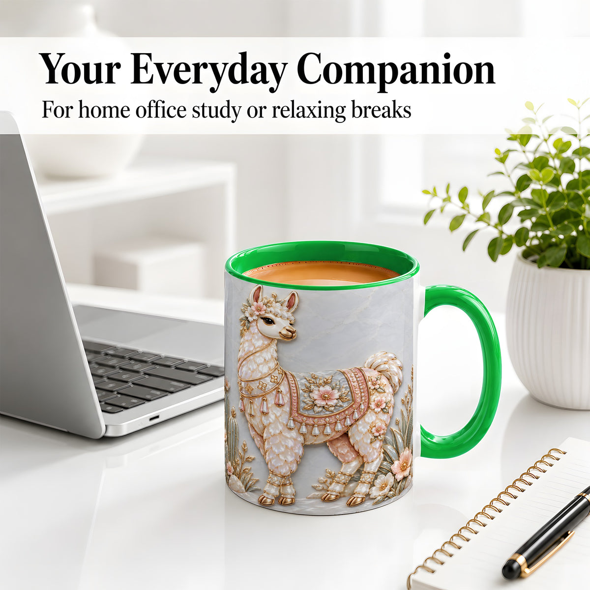 #pl[11oz|Green] Floral Alpaca Ceramic Mug with Cactus and Desert Artwork