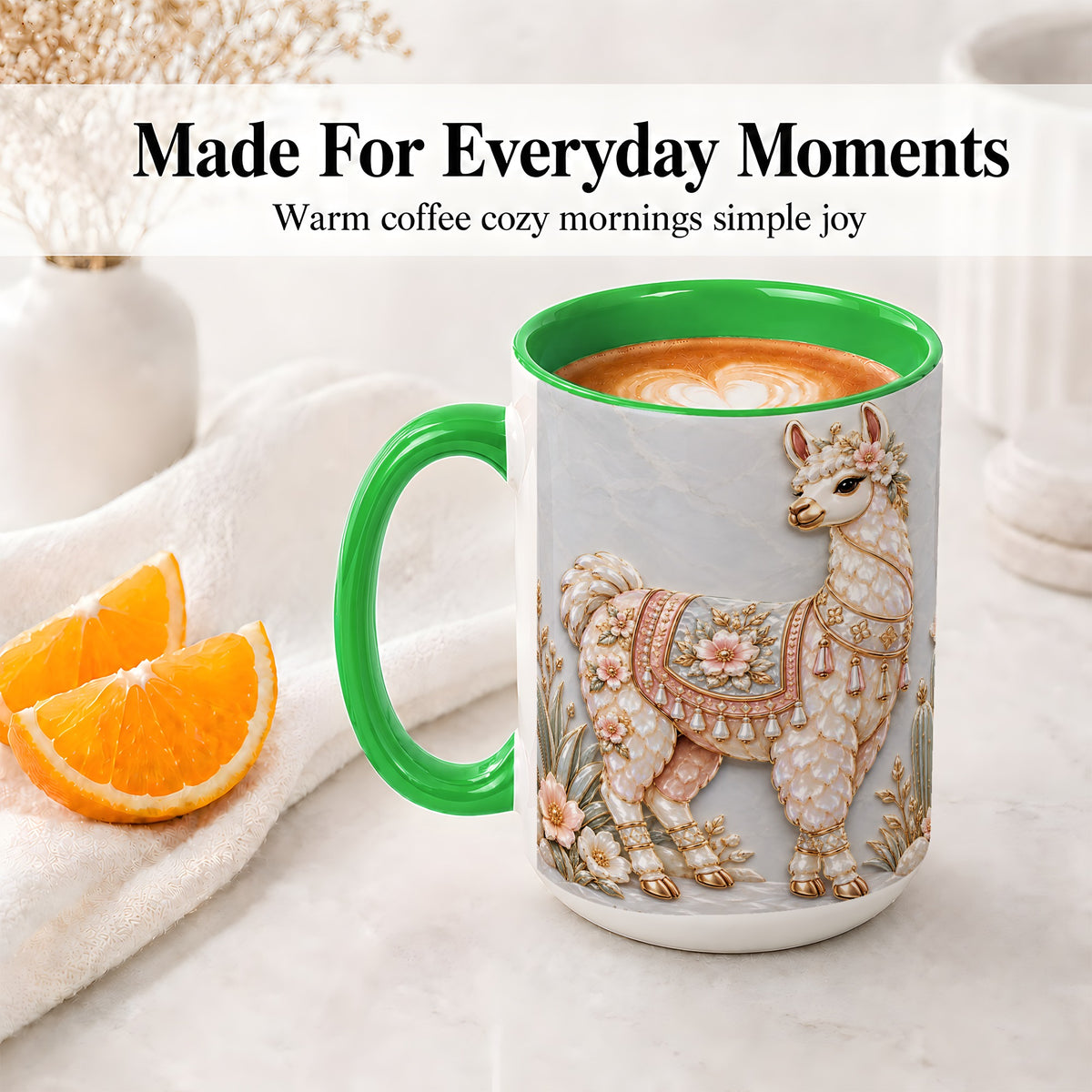 #pl[15oz|Green] Floral Alpaca Ceramic Mug with Cactus and Desert Artwork