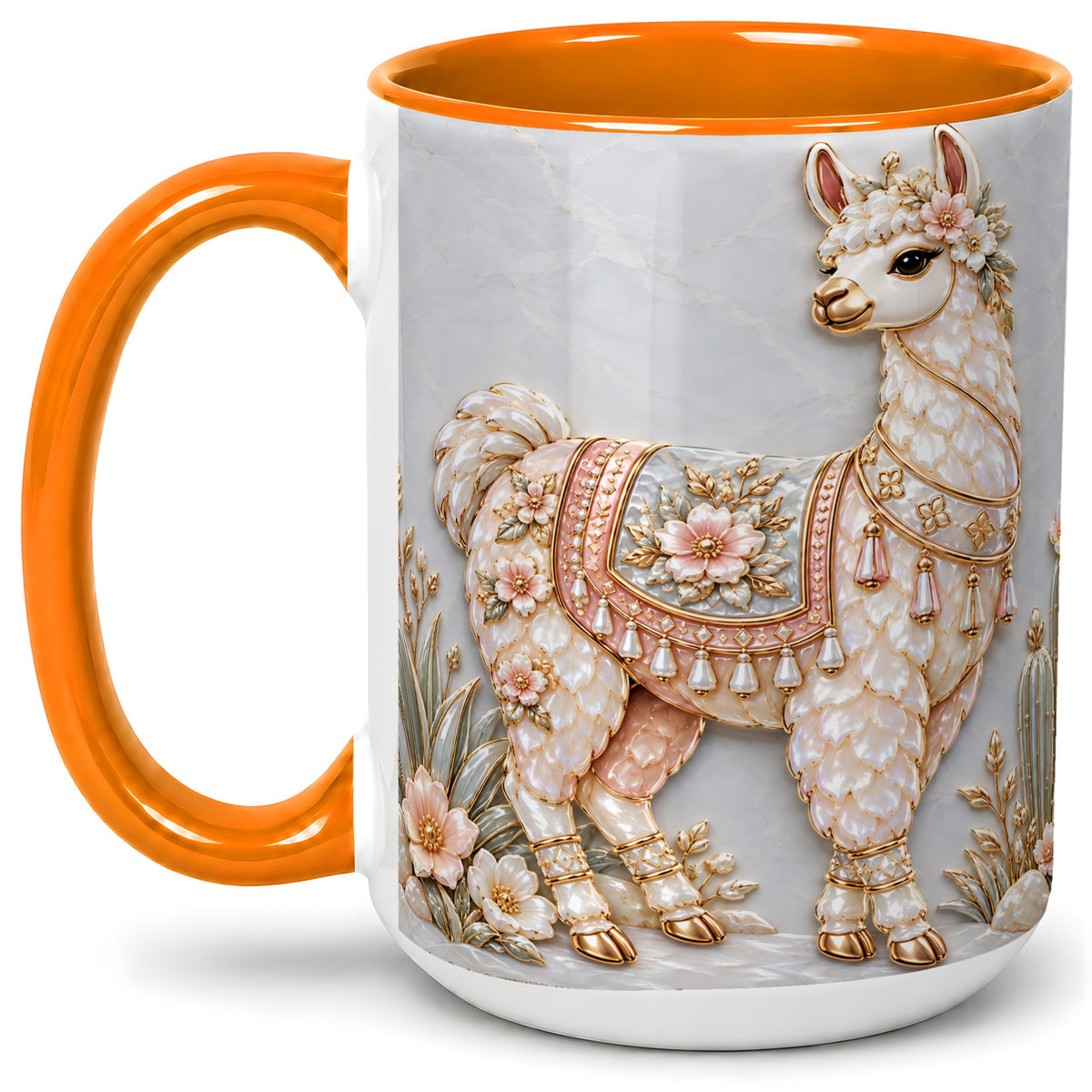 #pl[15oz|Orange] Floral Alpaca Ceramic Mug with Cactus and Desert Artwork