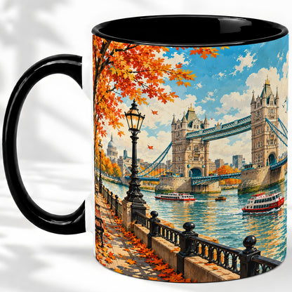 #pl[11oz|Black] London Riverside Landmark Ceramic Mug with Autumn Bridge Artwork