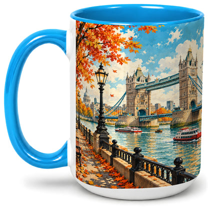 #pl[15oz|Blue] London Riverside Landmark Ceramic Mug with Autumn Bridge Artwork