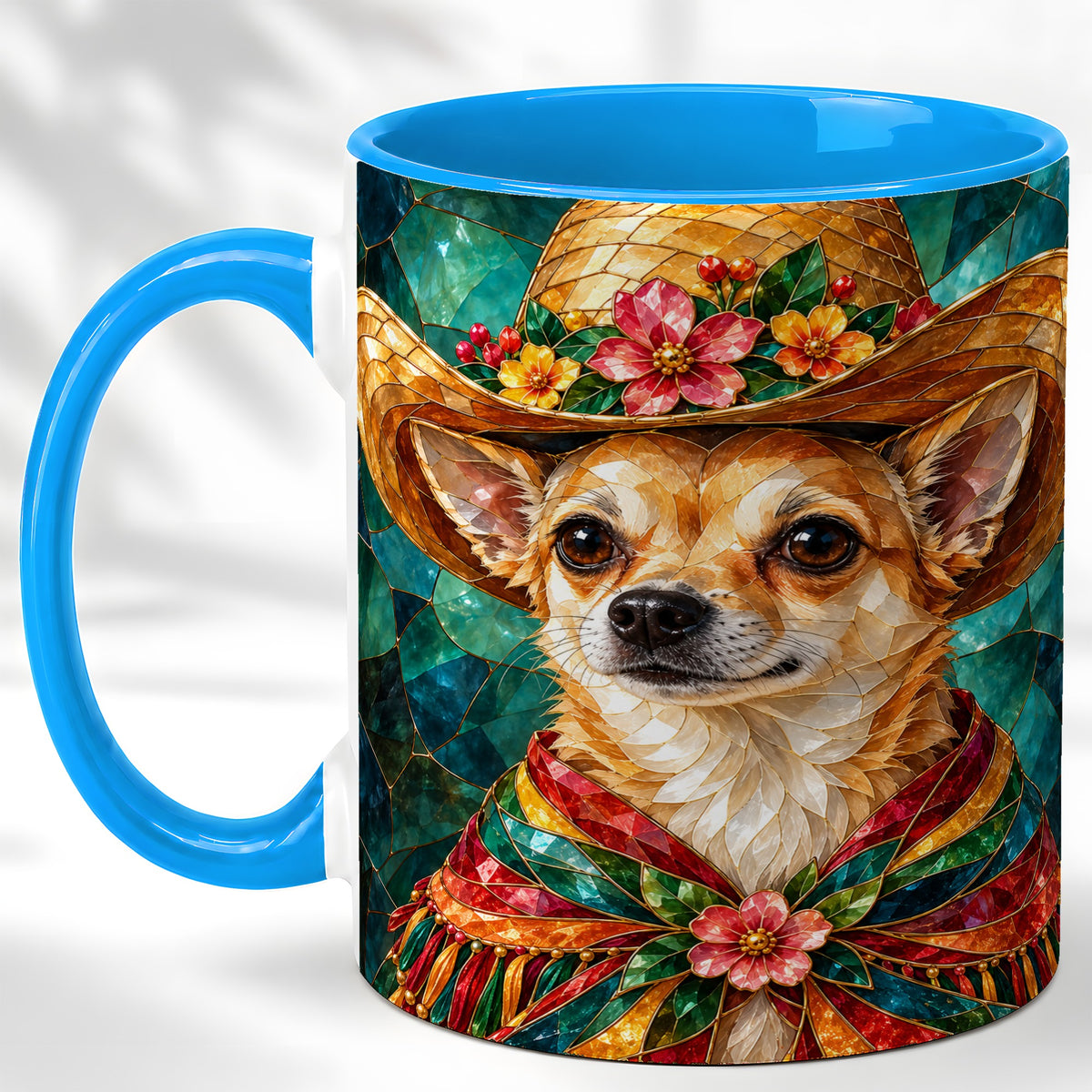 #pl[11oz|Blue] Chihuahua Stained Glass Coffee Mug, Western Dog Mug, Ceramic Cup