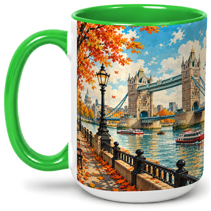 #pl[15oz|Green] London Riverside Landmark Ceramic Mug with Autumn Bridge Artwork