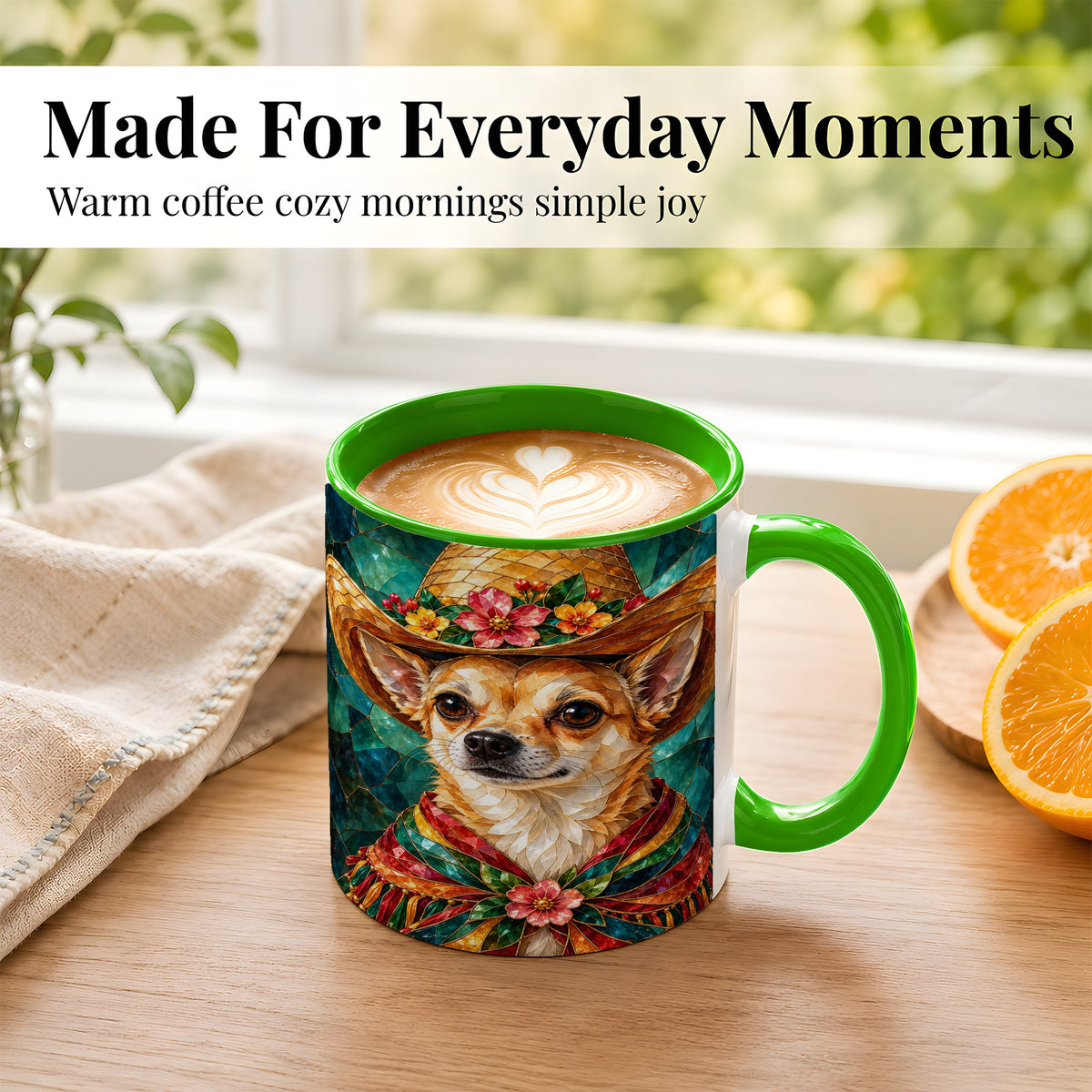 #pl[11oz|Green] Chihuahua Stained Glass Coffee Mug, Western Dog Mug, Ceramic Cup