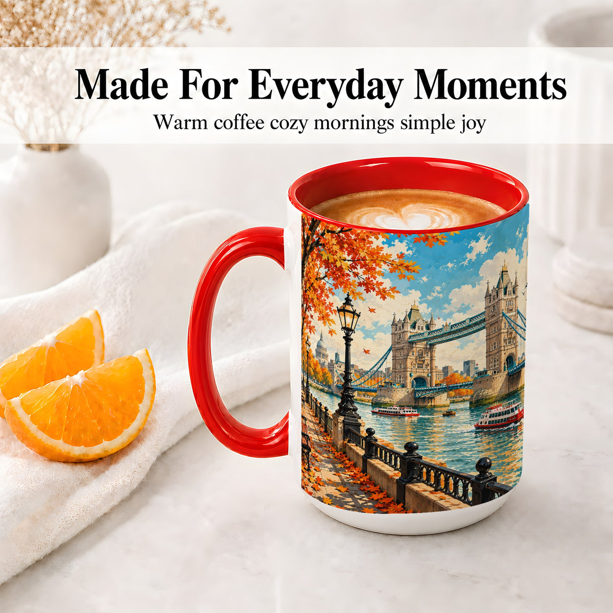 #pl[15oz|Red] London Riverside Landmark Ceramic Mug with Autumn Bridge Artwork