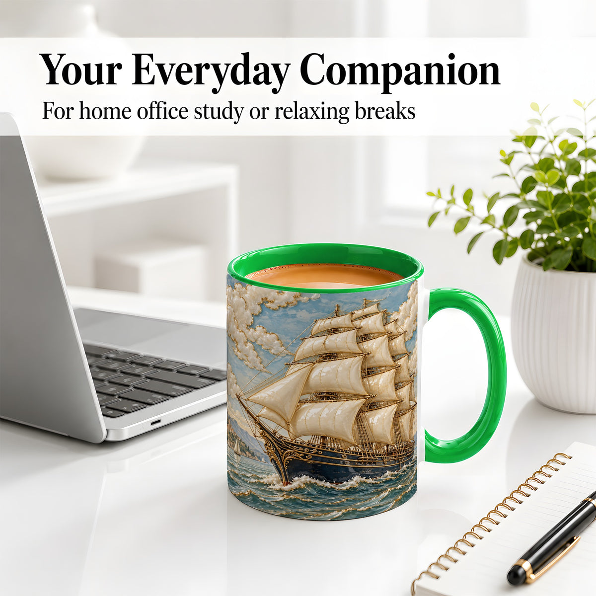 #pl[11oz|Green] Sailing Ship Ceramic Mug, Coastal Ocean Artwork for Nautical Fans
