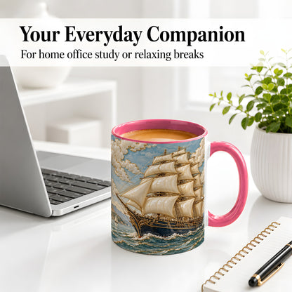 #pl[11oz|Pink] Sailing Ship Ceramic Mug, Coastal Ocean Artwork for Nautical Fans