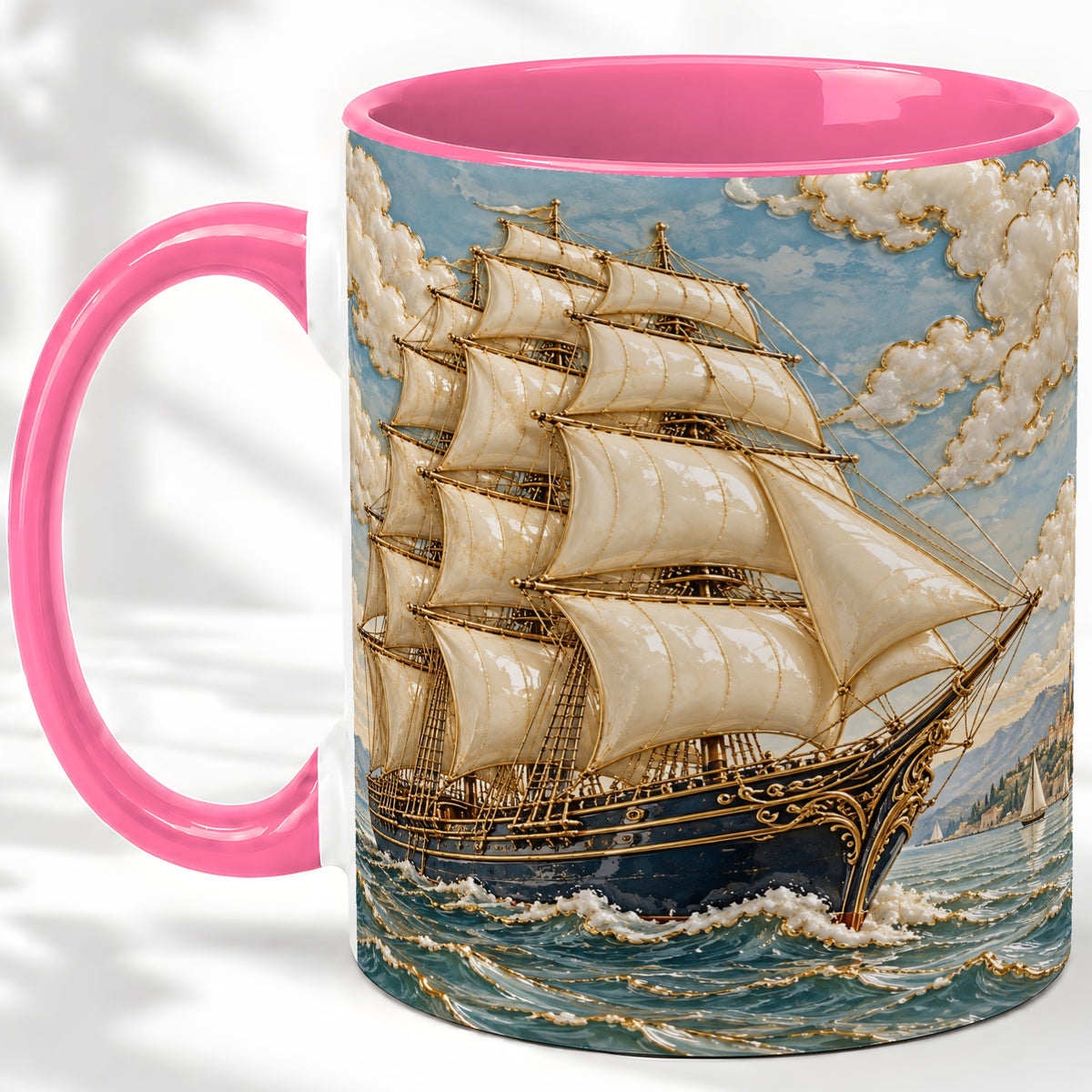 #pl[11oz|Pink] Sailing Ship Ceramic Mug, Coastal Ocean Artwork for Nautical Fans