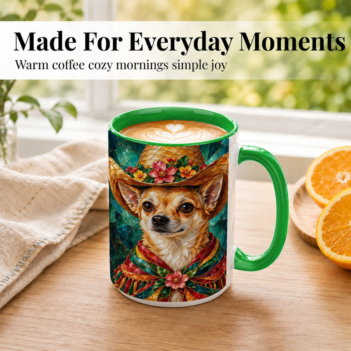 #pl[15oz|Green] Chihuahua Stained Glass Coffee Mug, Western Dog Mug, Ceramic Cup