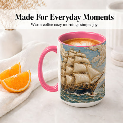 #pl[15oz|Pink] Sailing Ship Ceramic Mug, Coastal Ocean Artwork for Nautical Fans