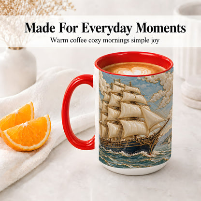 #pl[15oz|Red] Sailing Ship Ceramic Mug, Coastal Ocean Artwork for Nautical Fans
