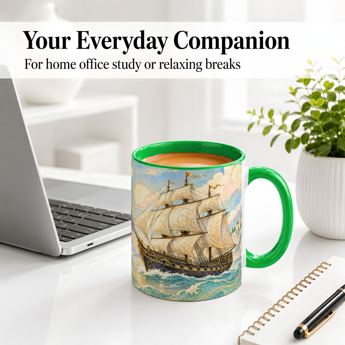 #pl[11oz|Green] Vintage Sailing Ship Ceramic Mug, Sunlit Ocean Voyage Artwork