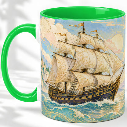 #pl[11oz|Green] Vintage Sailing Ship Ceramic Mug, Sunlit Ocean Voyage Artwork