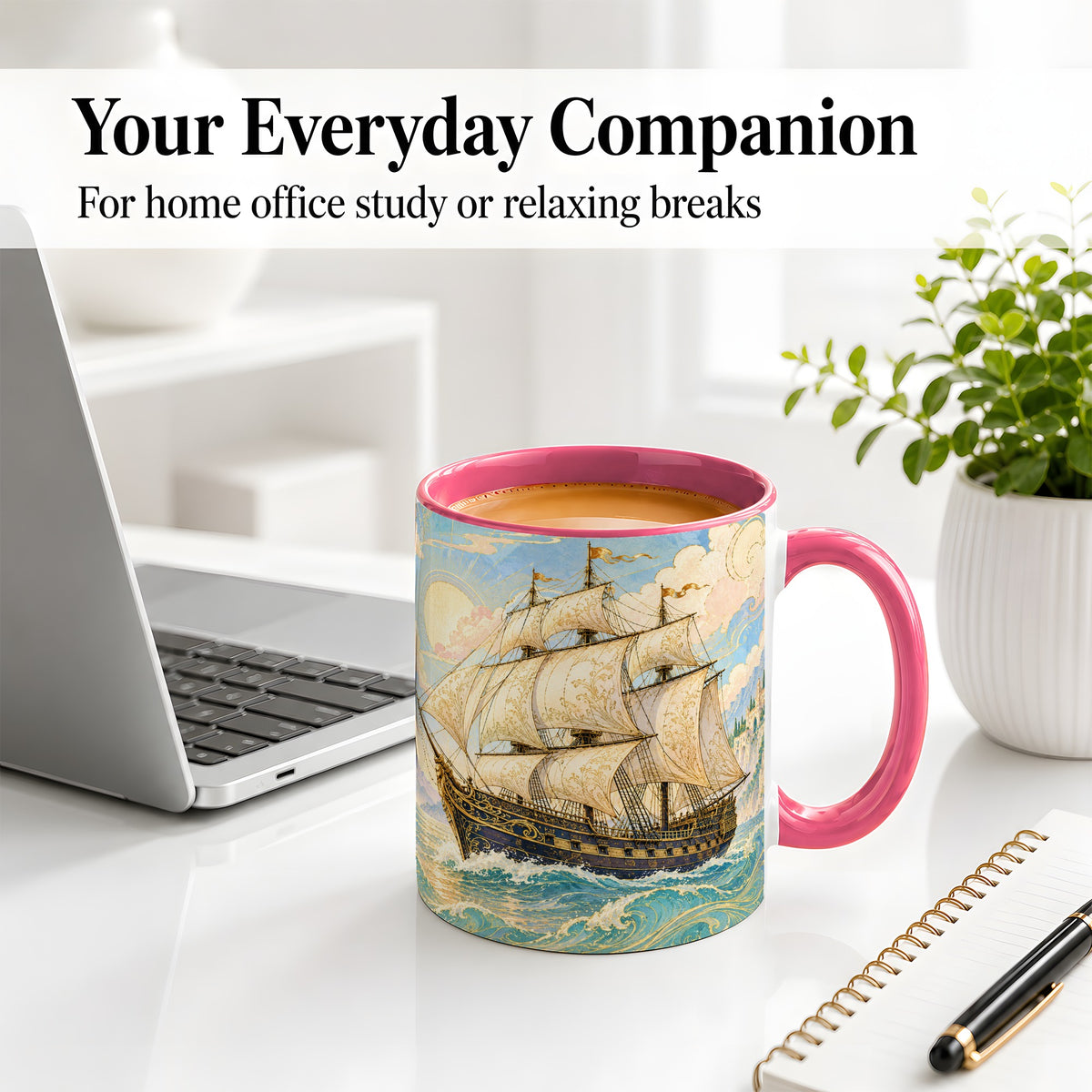 #pl[11oz|Pink] Vintage Sailing Ship Ceramic Mug, Sunlit Ocean Voyage Artwork