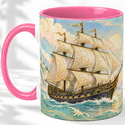 #pl[11oz|Pink] Vintage Sailing Ship Ceramic Mug, Sunlit Ocean Voyage Artwork