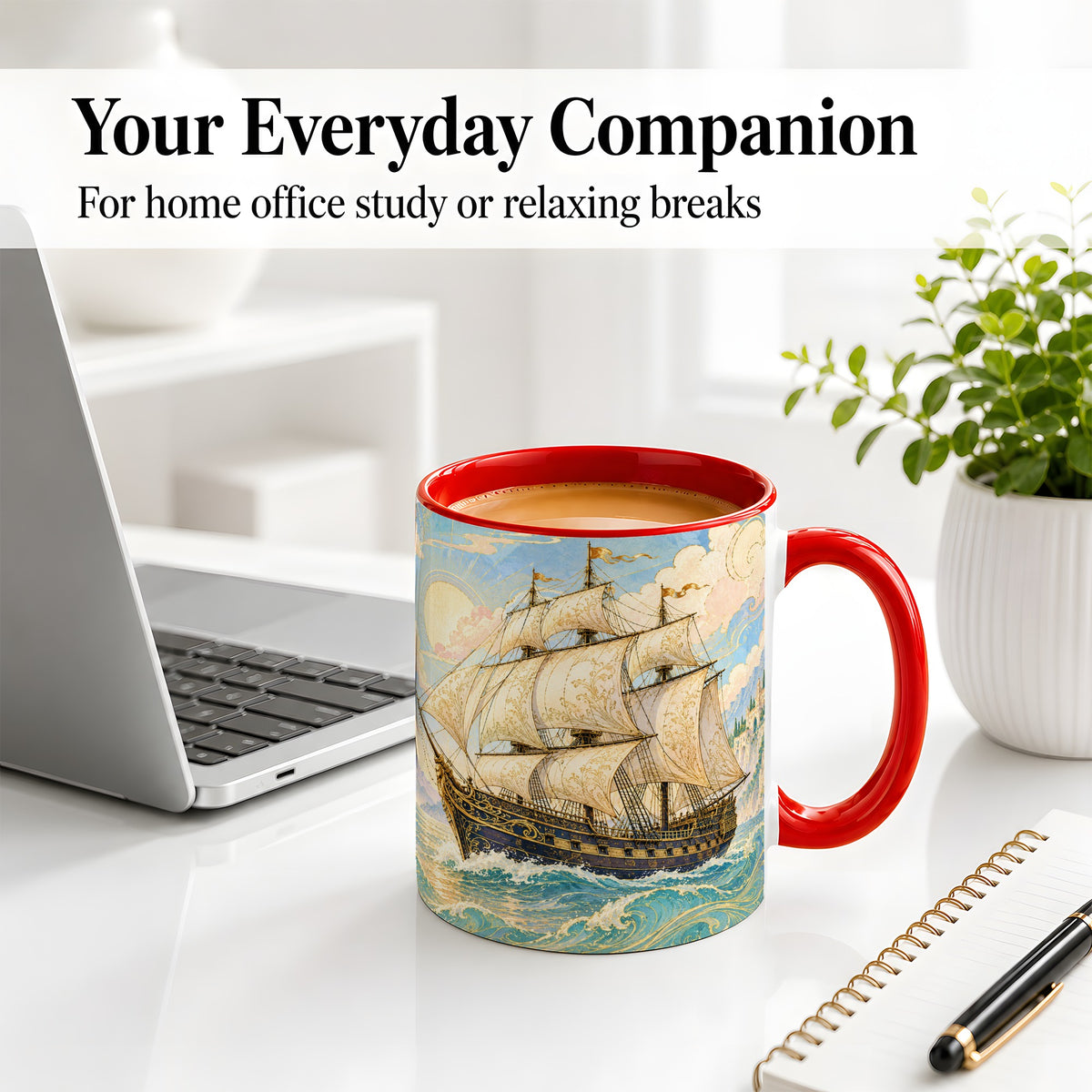 #pl[11oz|Red] Vintage Sailing Ship Ceramic Mug, Sunlit Ocean Voyage Artwork