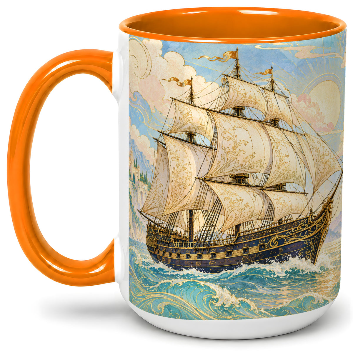 #pl[15oz|Orange] Vintage Sailing Ship Ceramic Mug, Sunlit Ocean Voyage Artwork